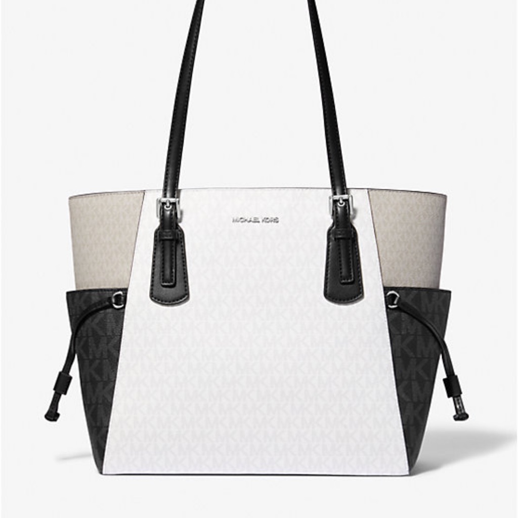 Michael Kors Voyager Large Color-Block Signature Logo Tote Bag Optic White Multi